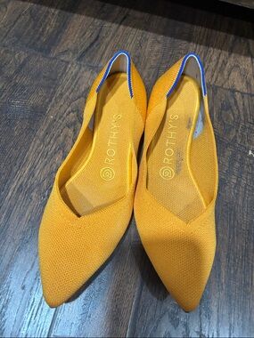 Rothy's Pointed Slip-On Flats in Bright Yellow with Blue Trim